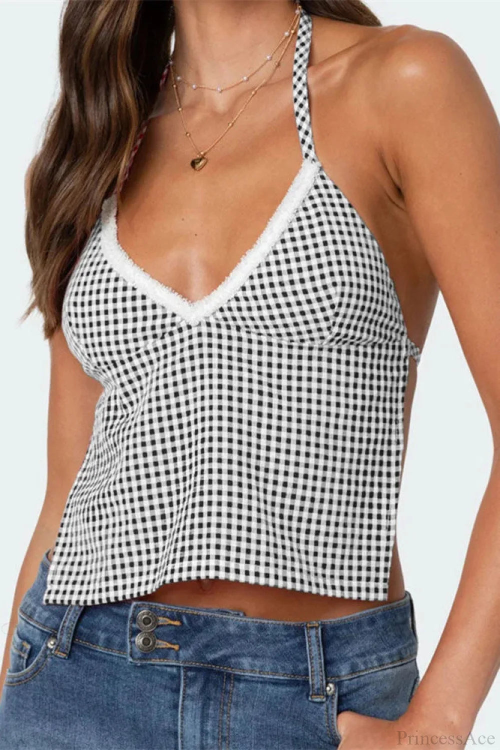 Plaid Halter Backless Deep V-neck Crop Top Black / S croptop-250126