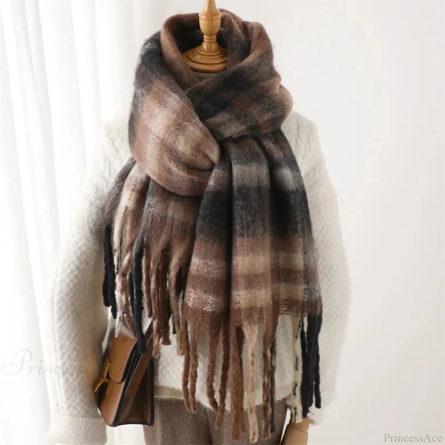 Plaid Striped Imitate Cashmere Outdoor Woman Scarf - Keep Warm And Soft Thick Coffee Black /