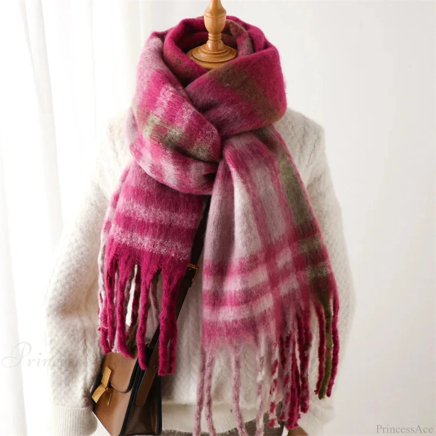 Plaid Striped Imitate Cashmere Outdoor Woman Scarf - Keep Warm And Soft Thick Rose Red / 220X52Cm