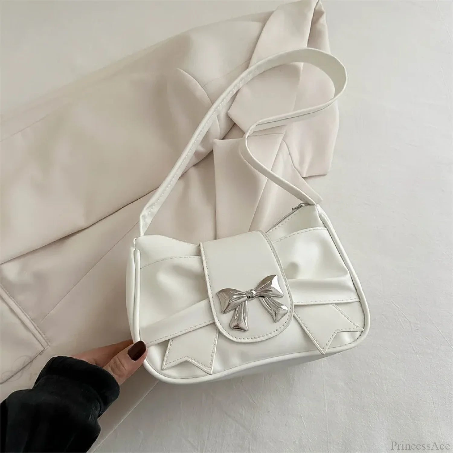 Pleated Korean Bow Shoulder Bag for Women White shoulder-250126
