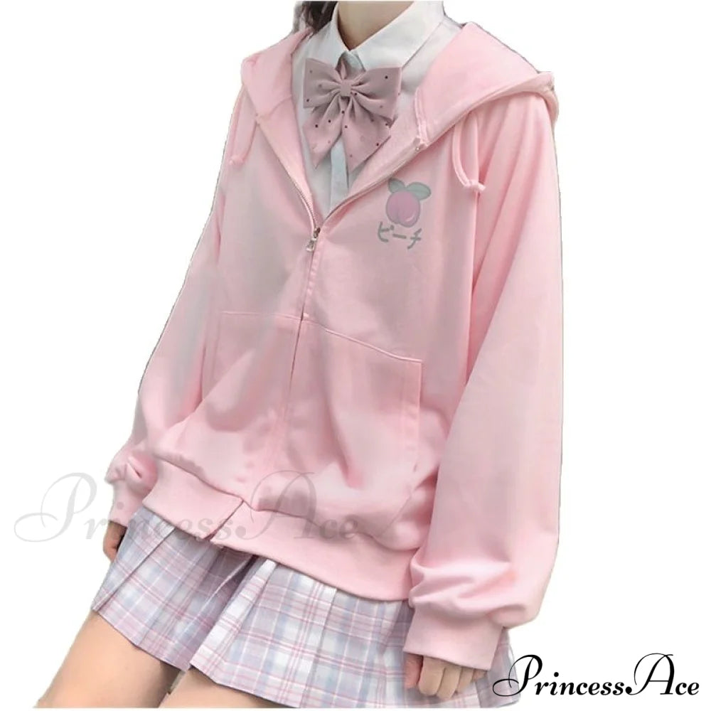 Plus Hoodie Design Women Fruit Sweatshirt Harajuku Loose Thin Zipper Sweet Pink Pocket Cute Size