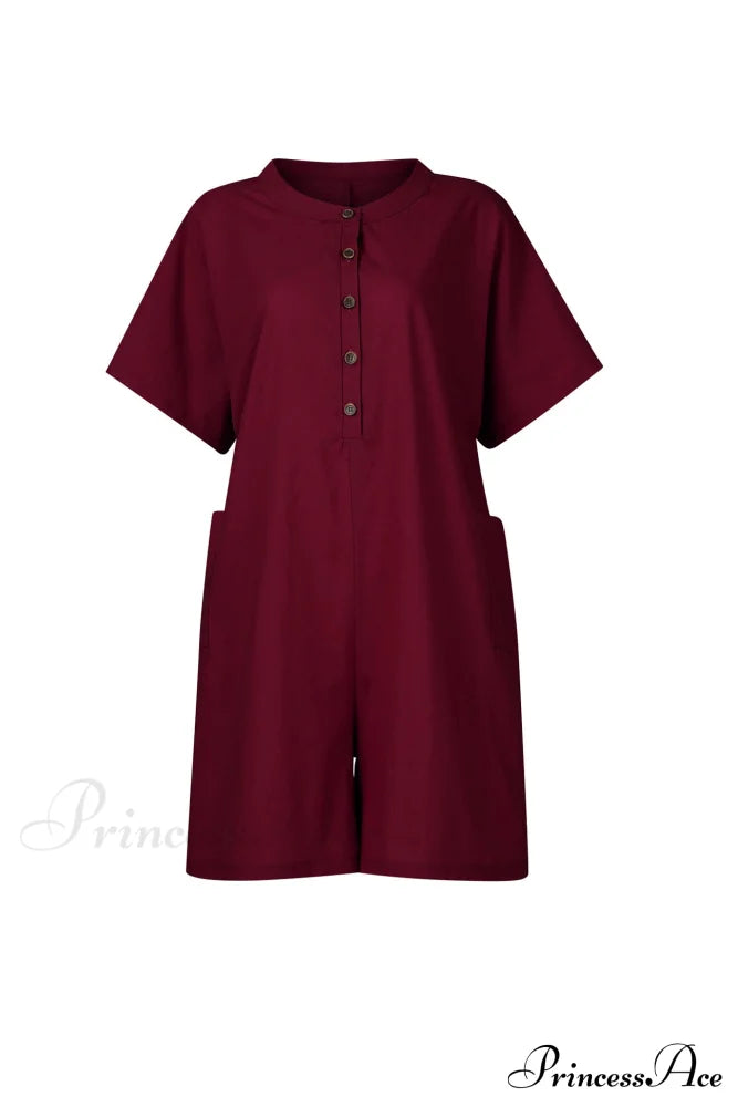 Pocketed Loose Rompers Wine Red / L