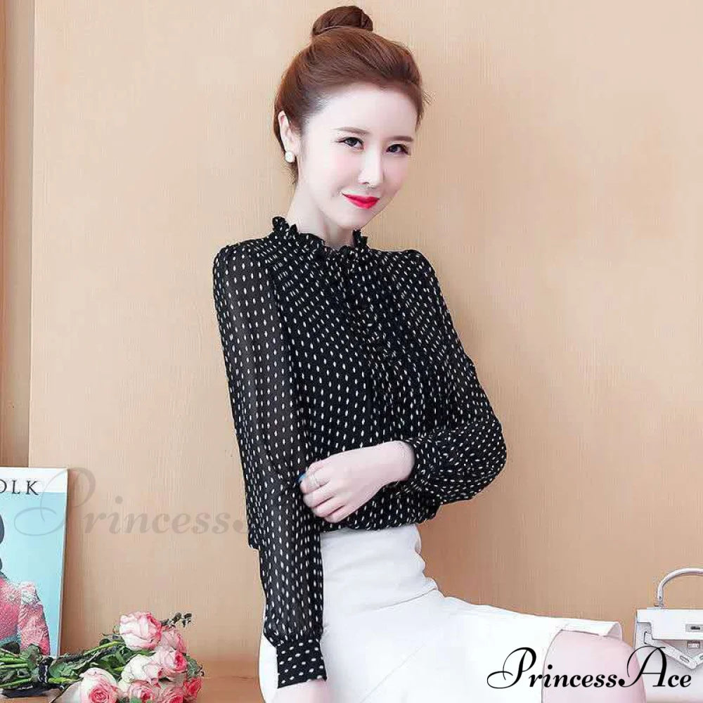 Polka Blouse Spring With Women’s Chiffon Dot Autumn Print Black / S