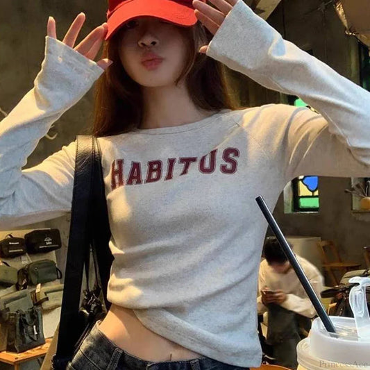 Preppy Y2K Letter Print Ribbed Long Sleeve Knit Top knittop-250126