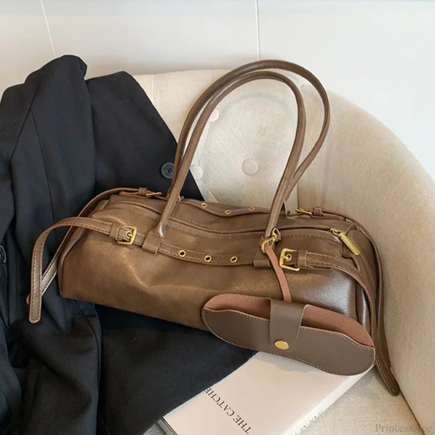 PU Leather Buckle Fashion Shoulder Bag Brown shoulder-250126