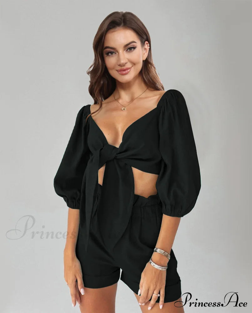 Puff Top Set And Arm With Shorts Cutout Women’s Clothing