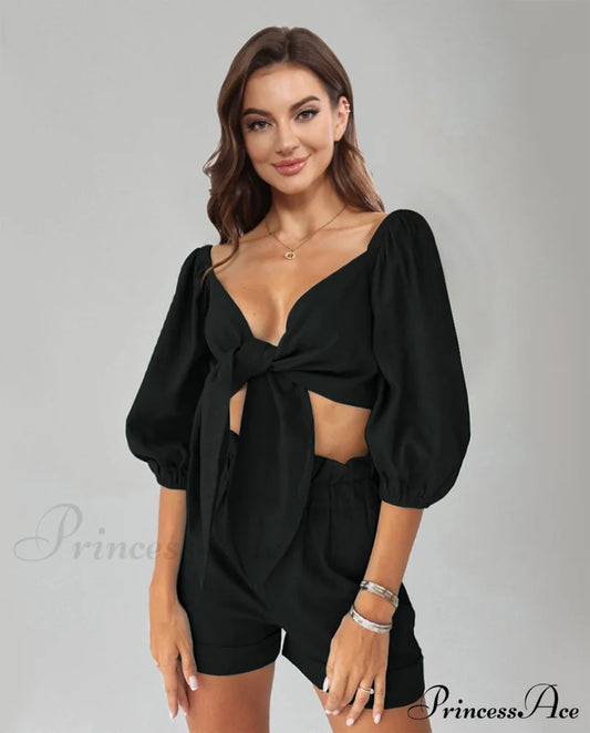 Puff Top Set And Arm With Shorts Cutout Women’s Clothing
