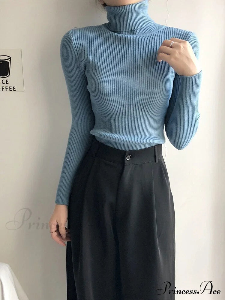 Pullover Turtleneck Solid Color Top Bule / One Size