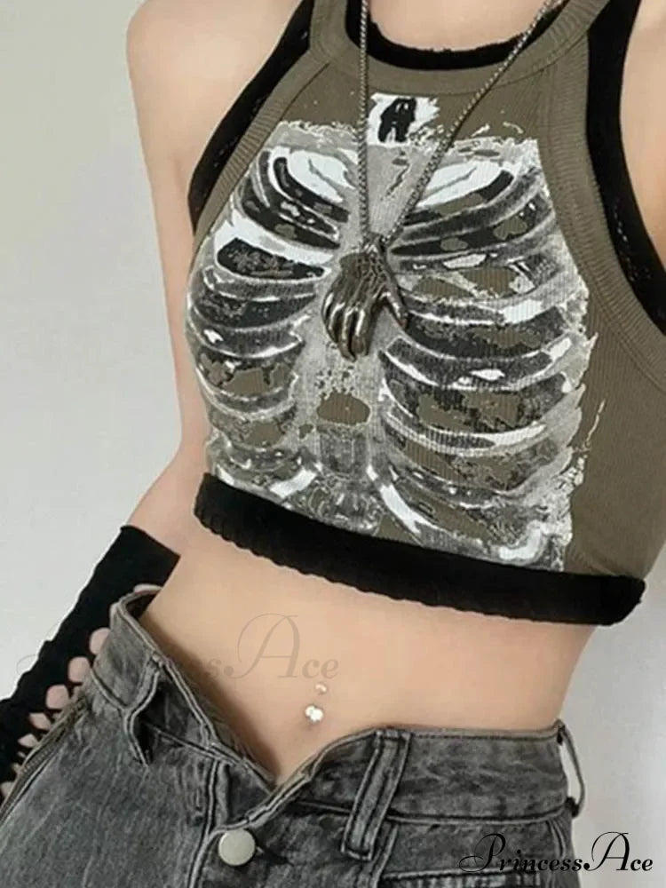 Punk Aesthetic Cyber Retro X-Ray Skeleton Print Sleeveless Vest Armygreen Crop Designer Clothes