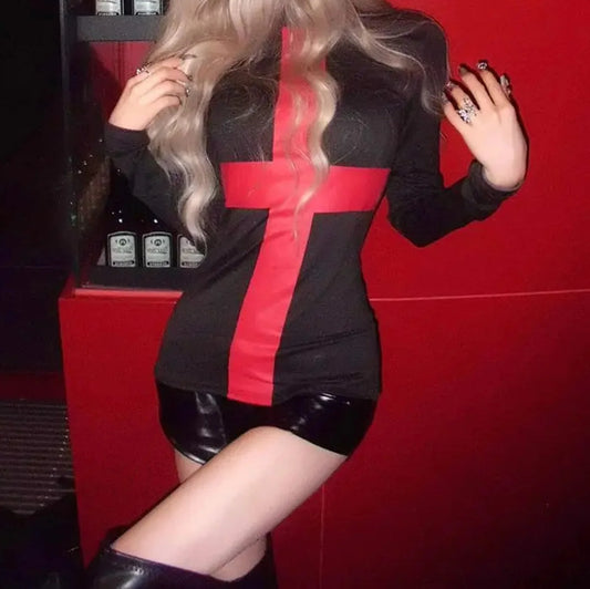 Red Cross Turtleneck Knit Top