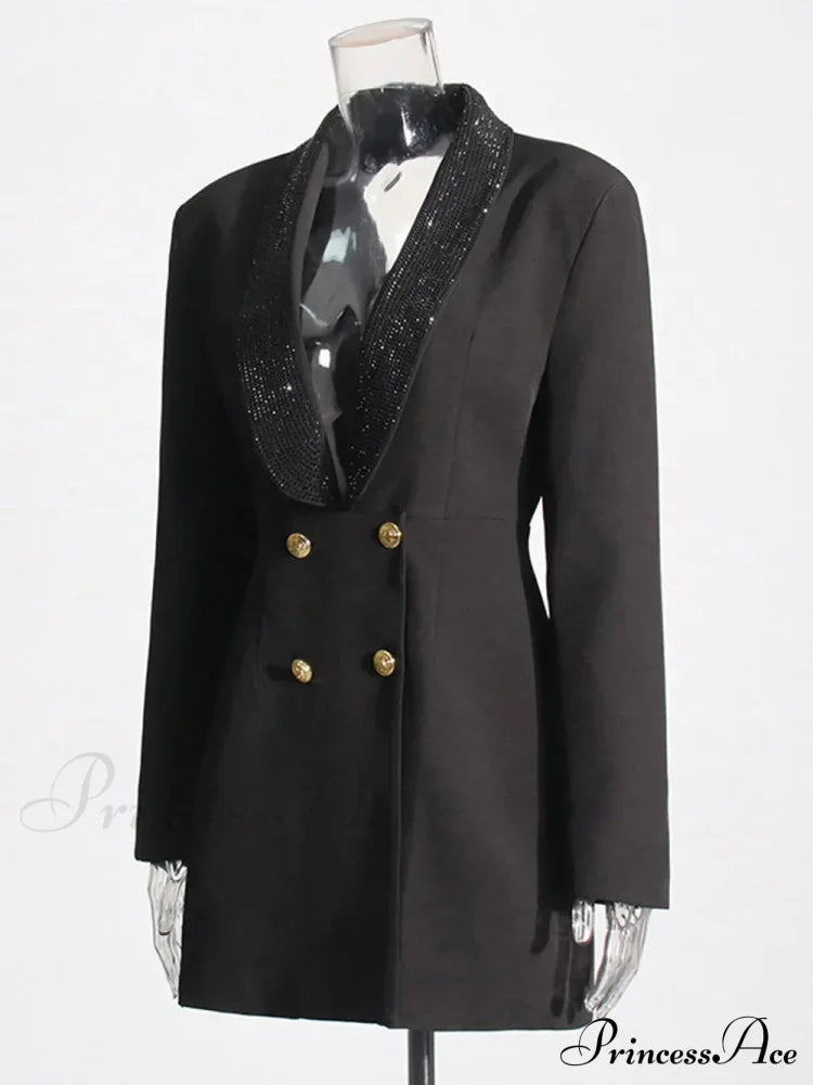 Red Sequin Collar Charming Open Back Blazer Dress Black Suit