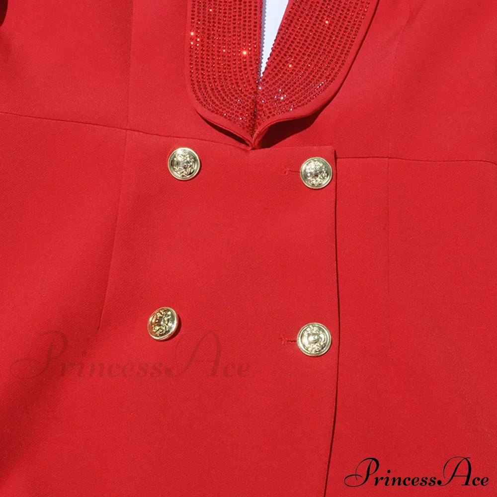 Red Sequin Collar Charming Open Back Blazer Dress Black Suit