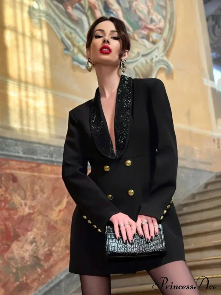 Red Sequin Collar Charming Open Back Blazer Dress Black Suit