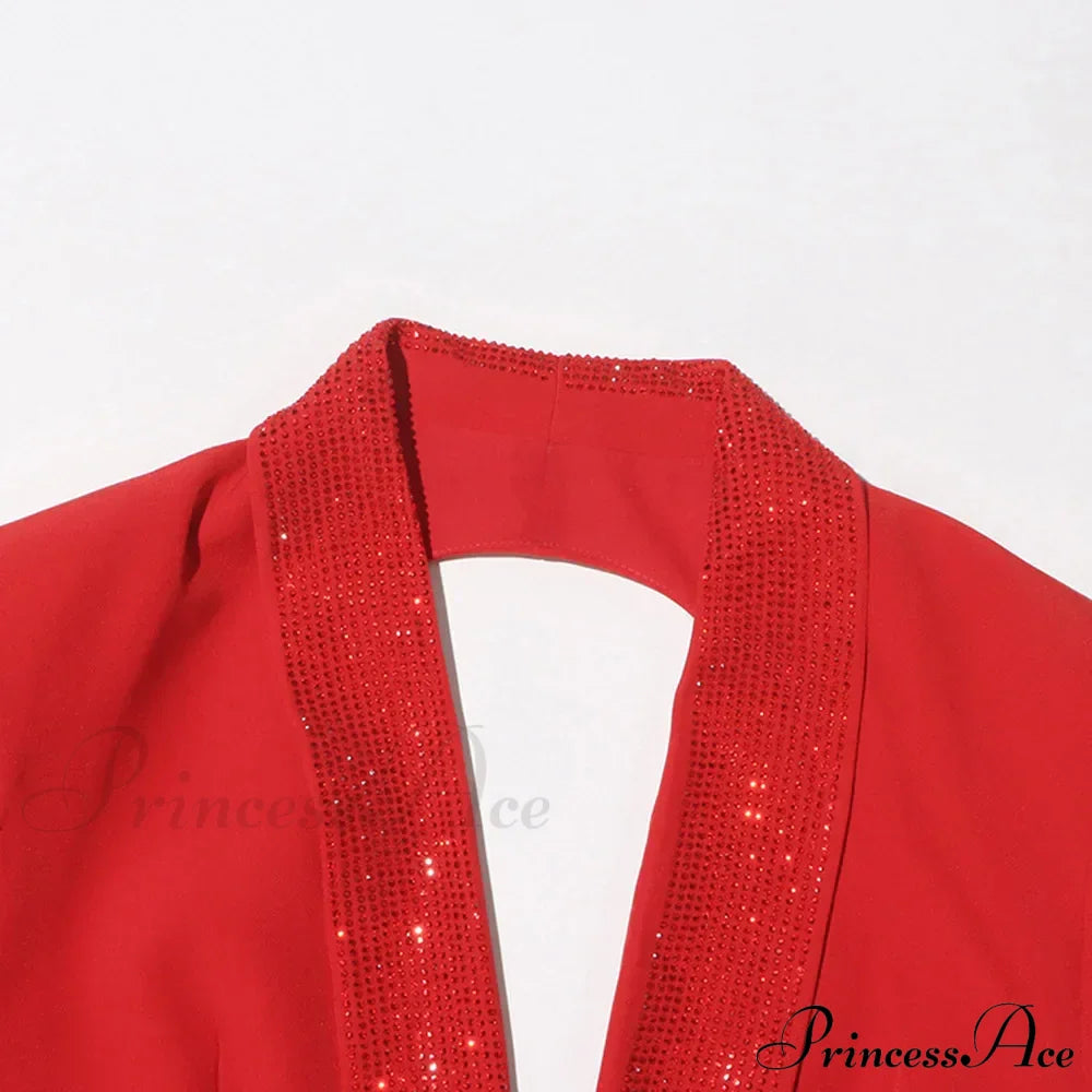 Red Sequin Collar Charming Open Back Blazer Dress Black Suit