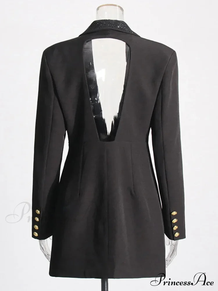 Red Sequin Collar Charming Open Back Blazer Dress Black Suit