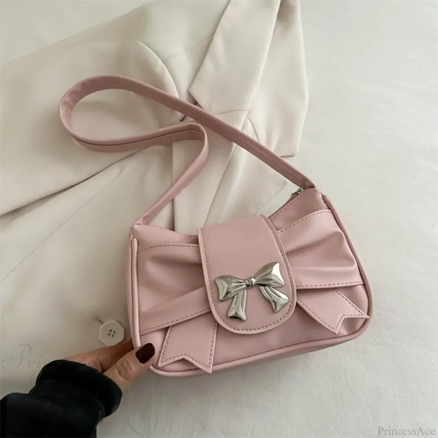 Retro Bow PU Leather Business Shoulder Handbag Pink shoulder-250126
