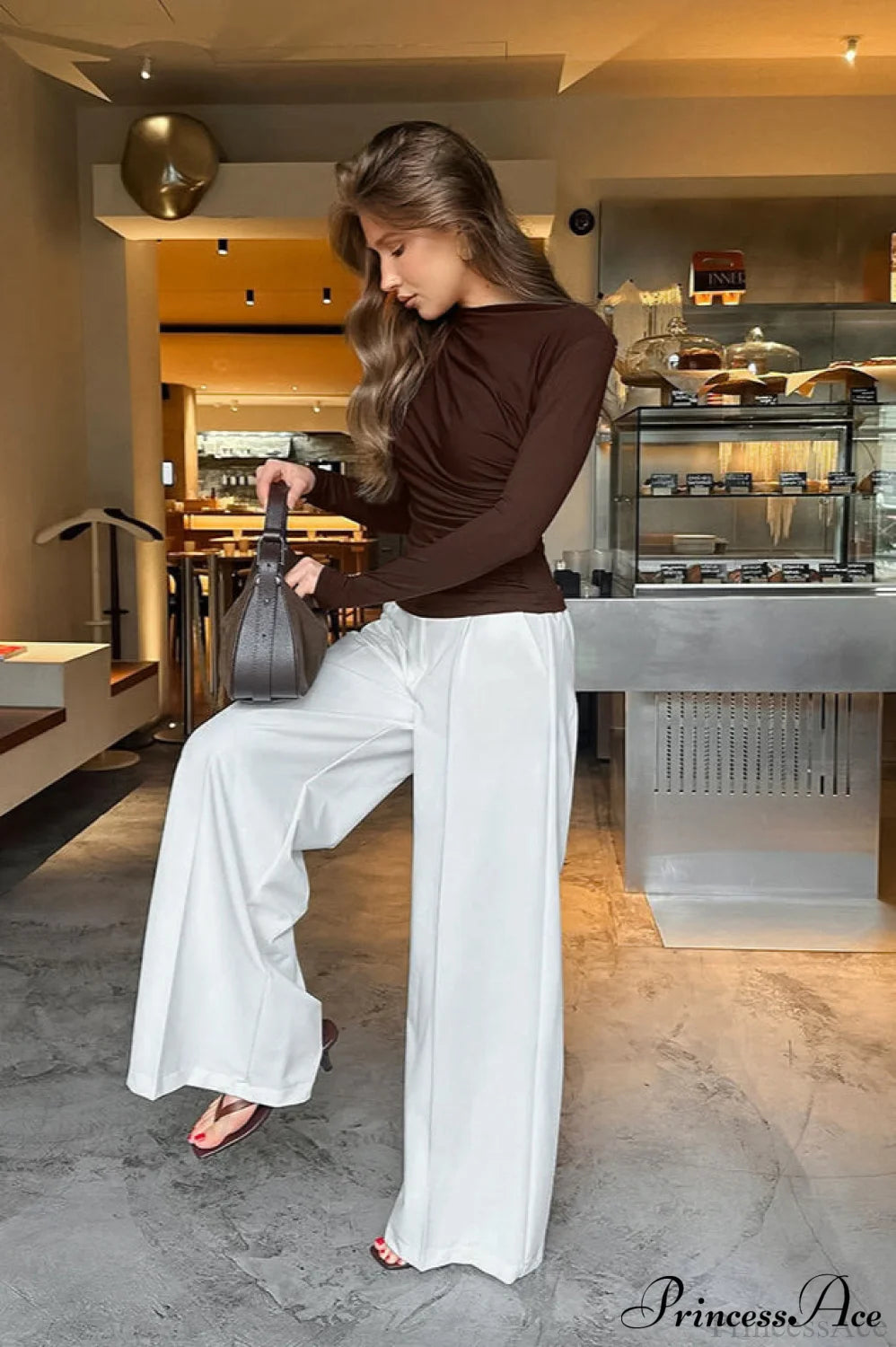 Retro Brown Slim Crew Neck Waist Cinched Long Sleeve Tee