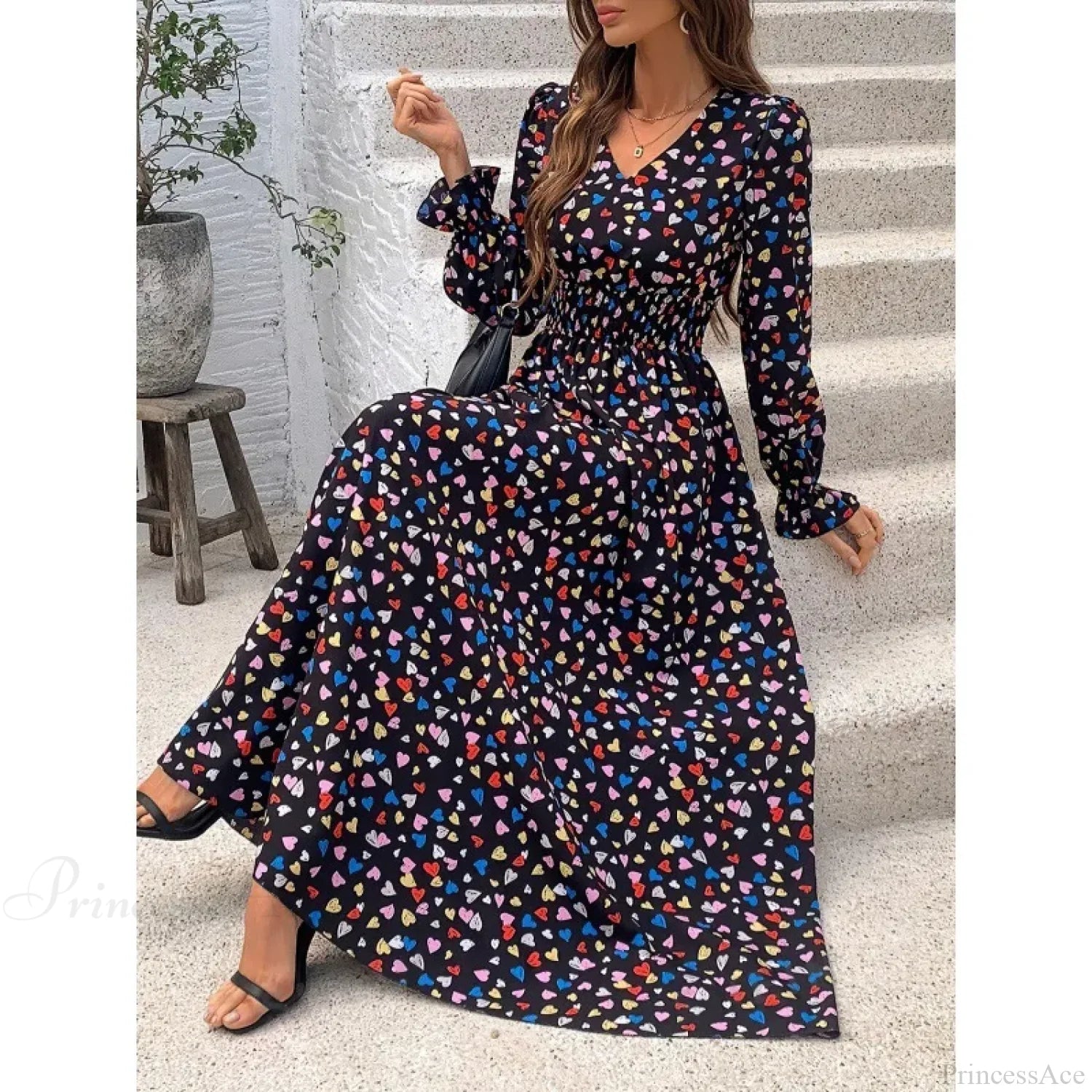 Retro Floral Print A-line Boho Dress Black / S oldfloraldress-250126