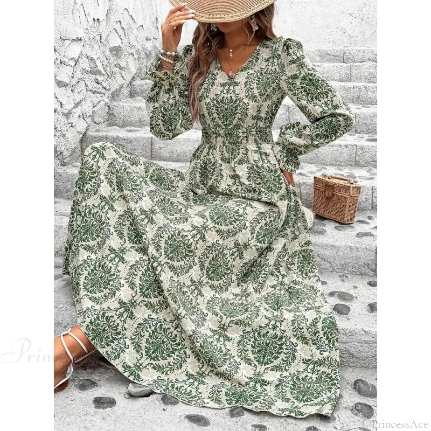 Retro Floral Print A-line Boho Dress Green / S oldfloraldress-250126