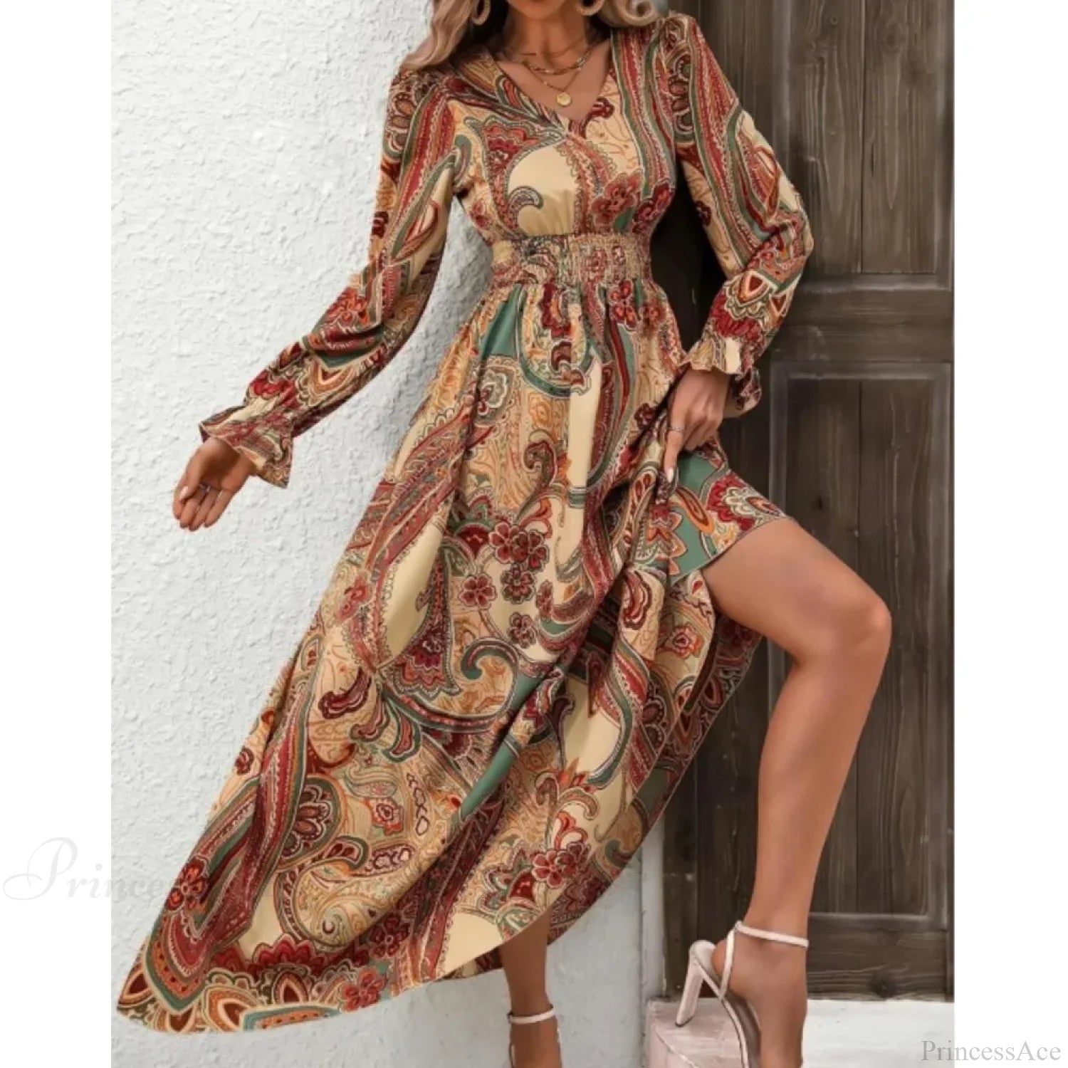 Retro Floral Print A-line Boho Dress oldfloraldress-250126