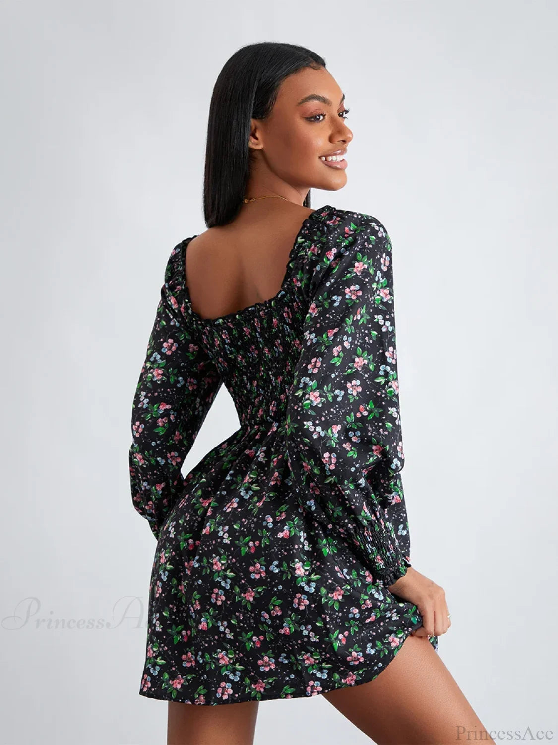 Retro Floral Print Ruffled Trim Square Neck A-Line Short Floral Dress floraldress-250126