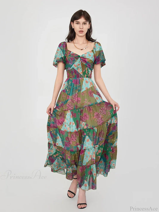 Retro Floral Print Swing Puff Short Sleeve Sweetheart Neck A-Line Beach Dress GREEN1 / S floraldress-250126