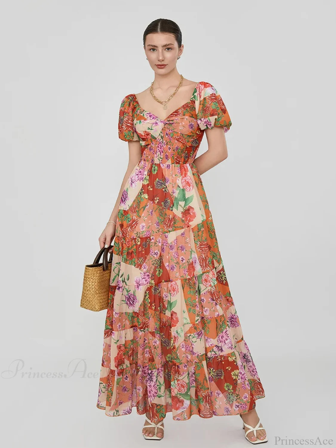 Retro Floral Print Swing Puff Short Sleeve Sweetheart Neck A-Line Beach Dress ORANGE / S floraldress-250126
