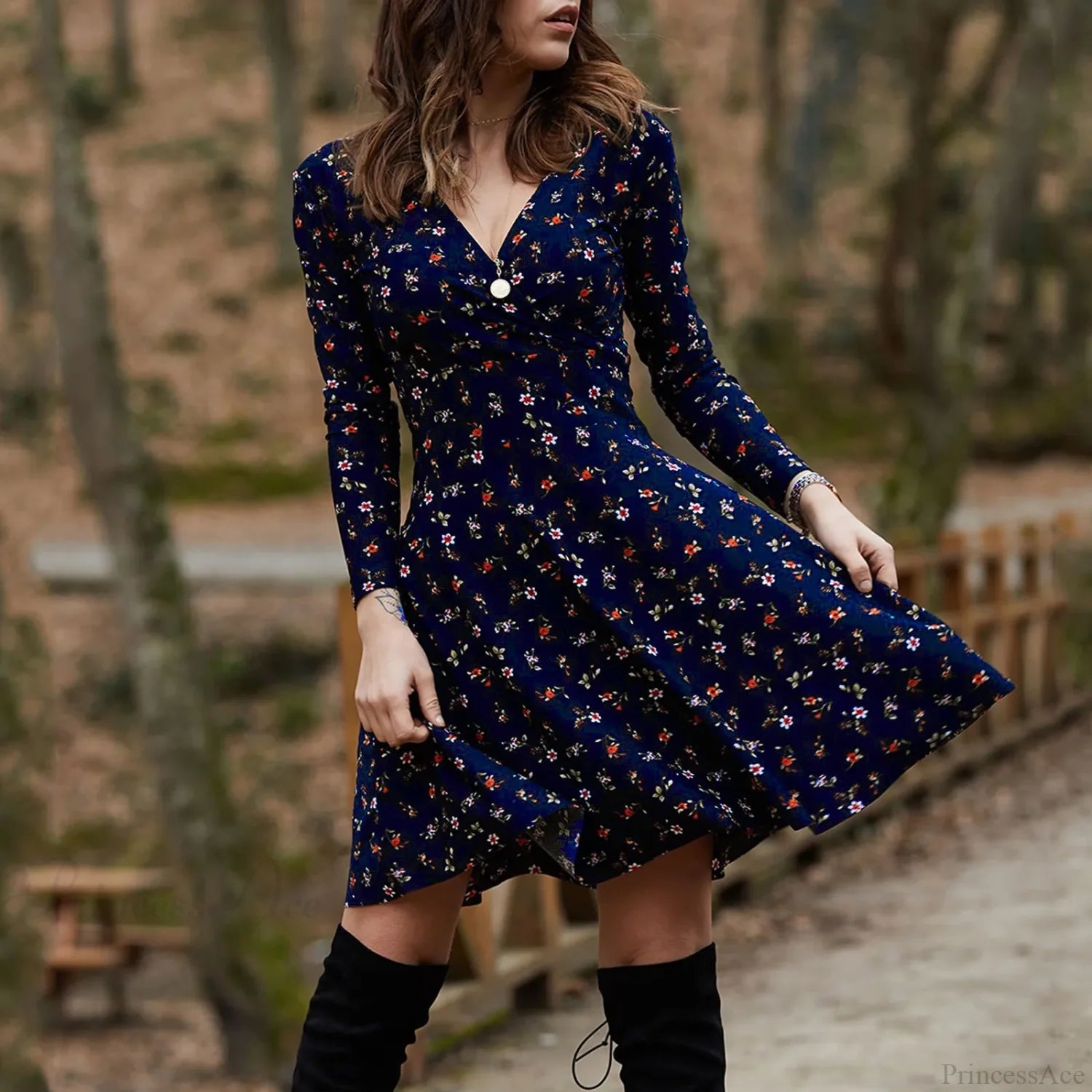 Retro Floral Swing Midi Floral Dress Blue / S oldfloraldress-250126