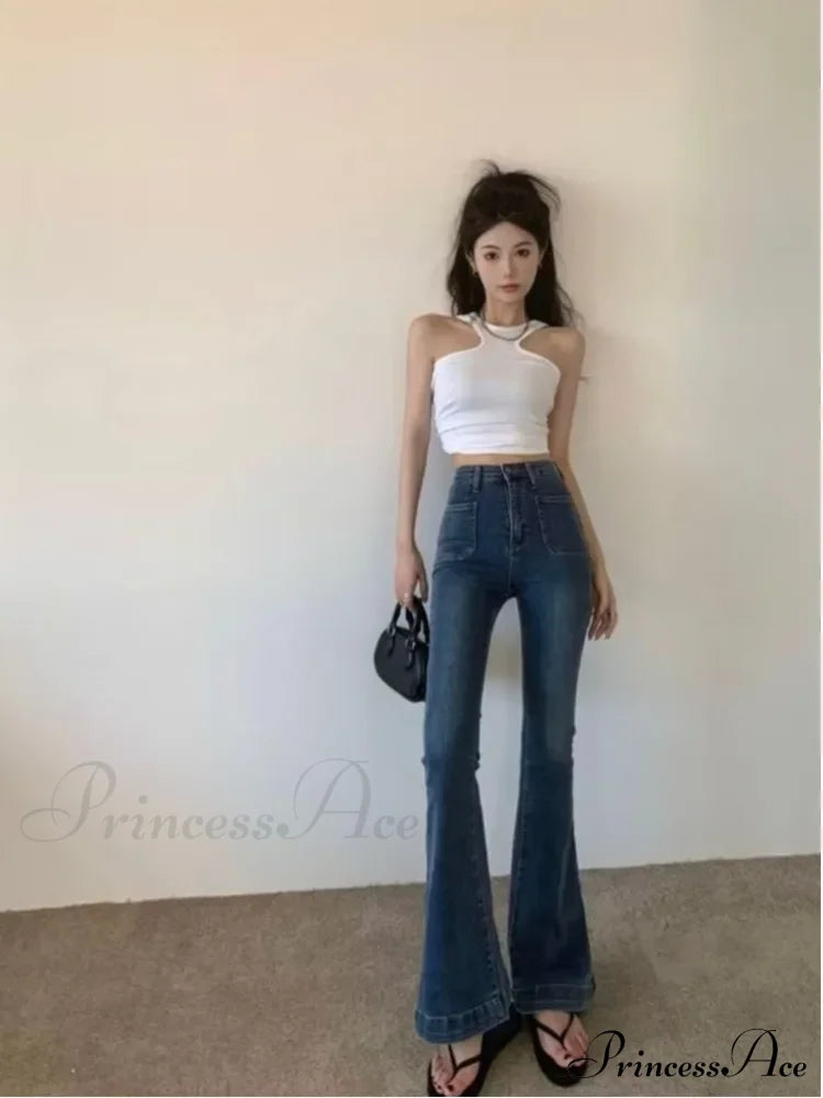 Retro Hot Girl Belt Niche High-Waisted Elastic Mopping Jean