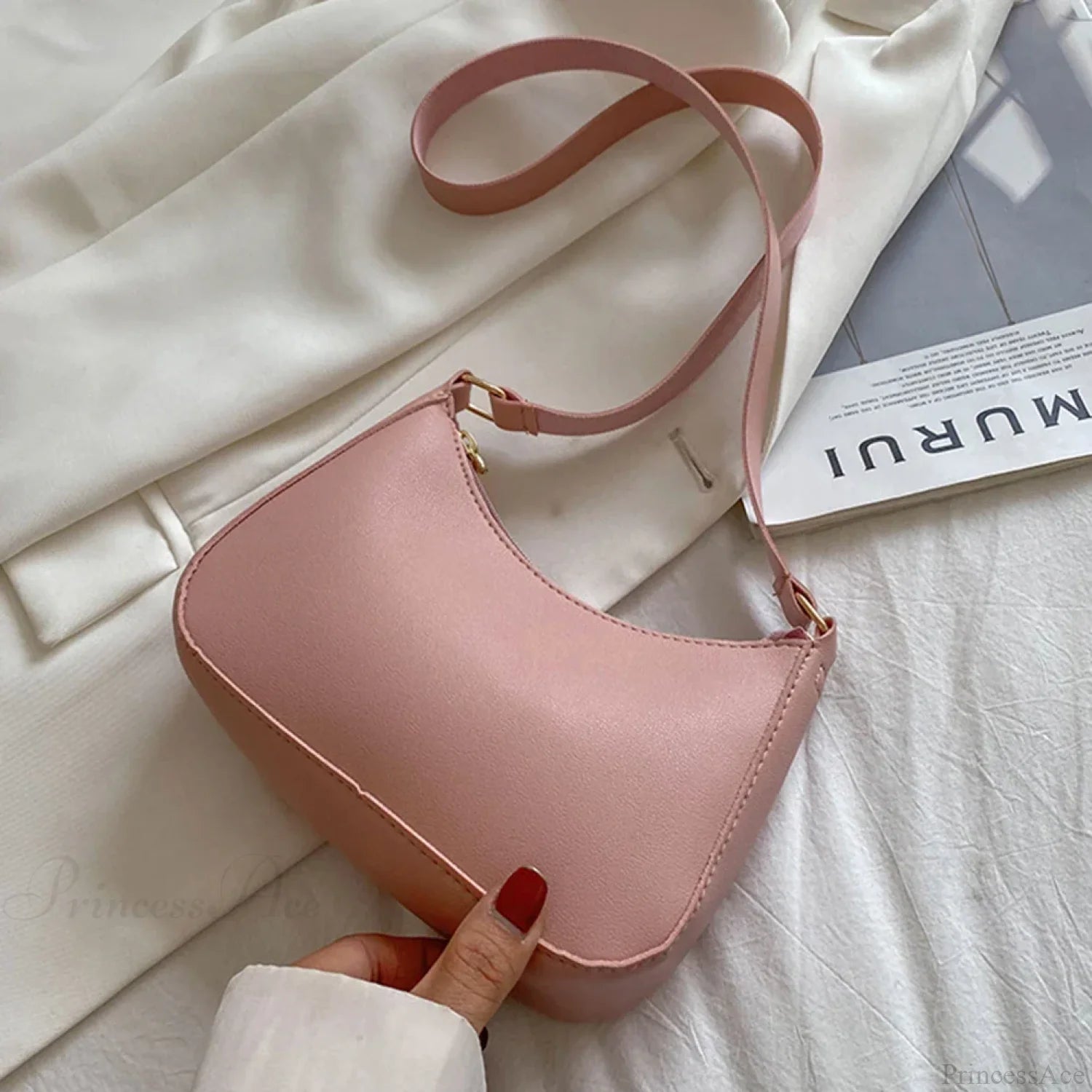 Retro Solid Color PU Leather Underarm Bag Pink / 20x14x5cm shoulder-250126