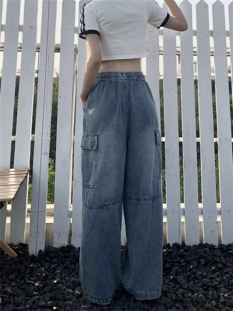 Retro Style Loose Multi Pocket Wide Leg Graffiti High Waist Straight Women’s Jean