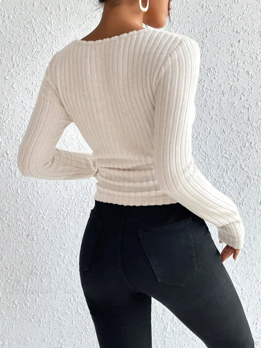 Retro Thick Pit Strip Waist Slimming Pleated Long Sleeve T-shirt Women knittop-250126