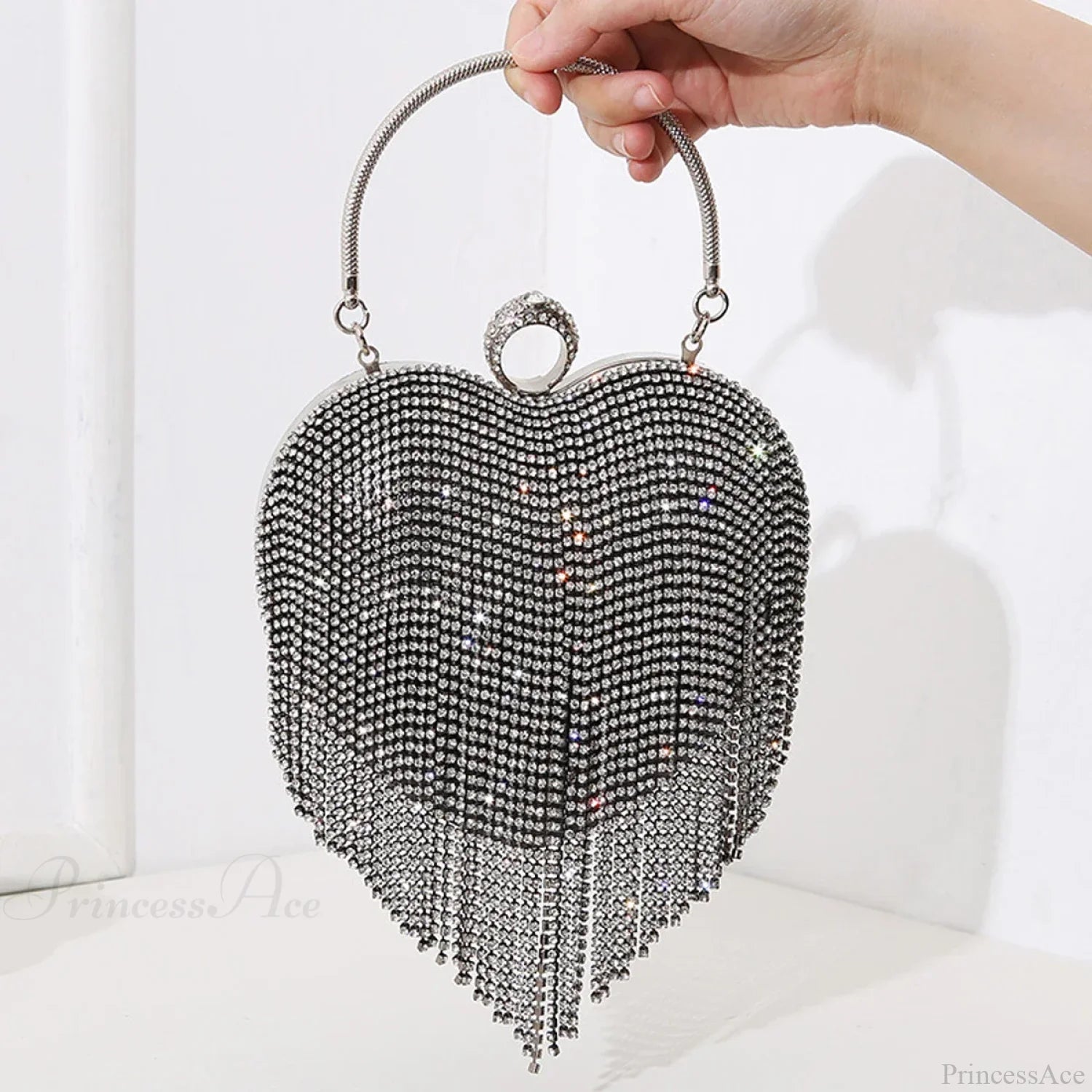 Rhinestone Heart Pattern Silver Evening Clutch Wedding Bridal Purse clutchbag-250126