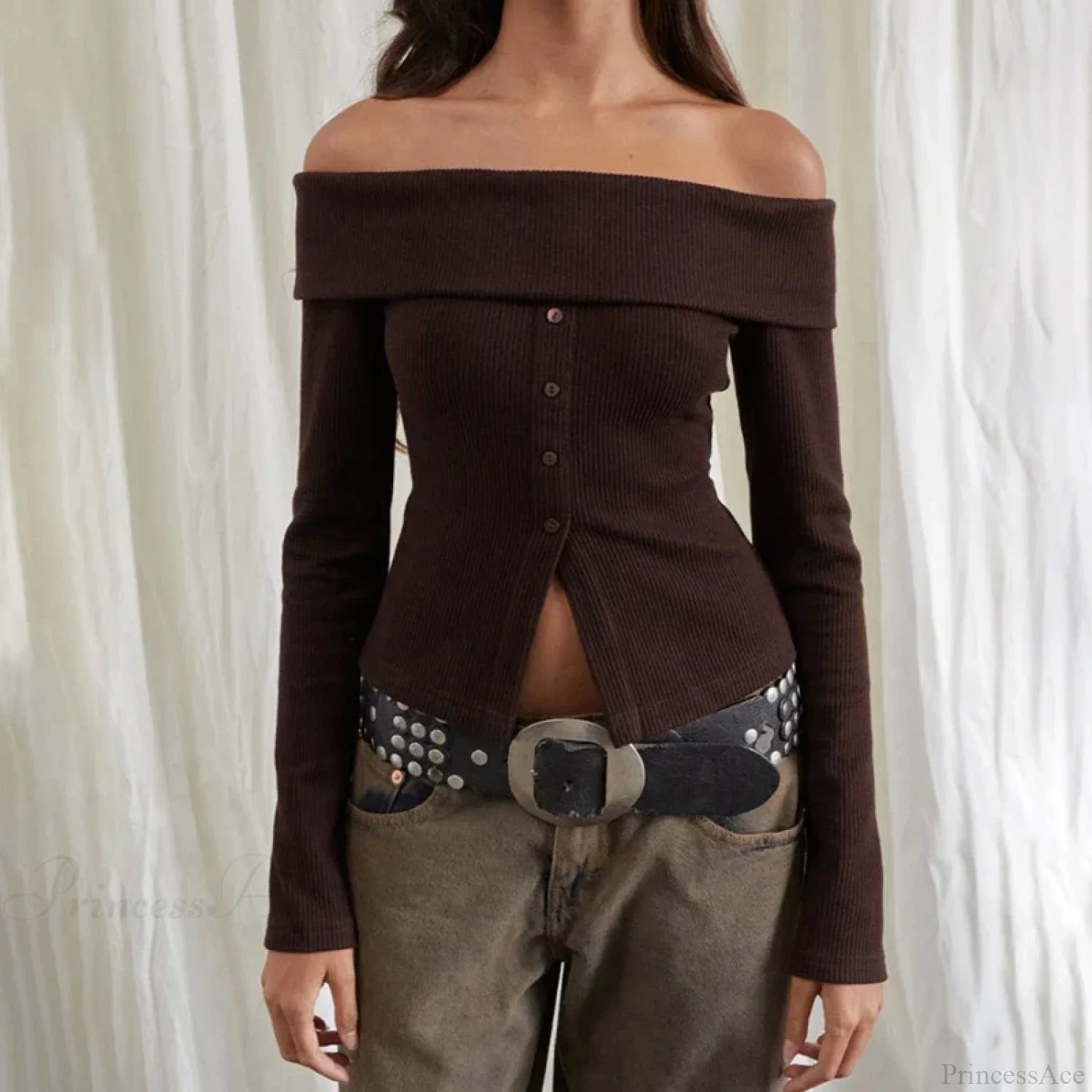 Rib Knitted Casual Long Sleeve Off-Shoulder Slim Fit T-shirt Women Dark Brown / S knittop-250126