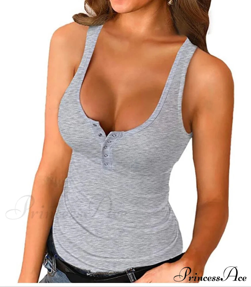 Ribbed Knitting Button U-Neck Sleeveless Tank Top