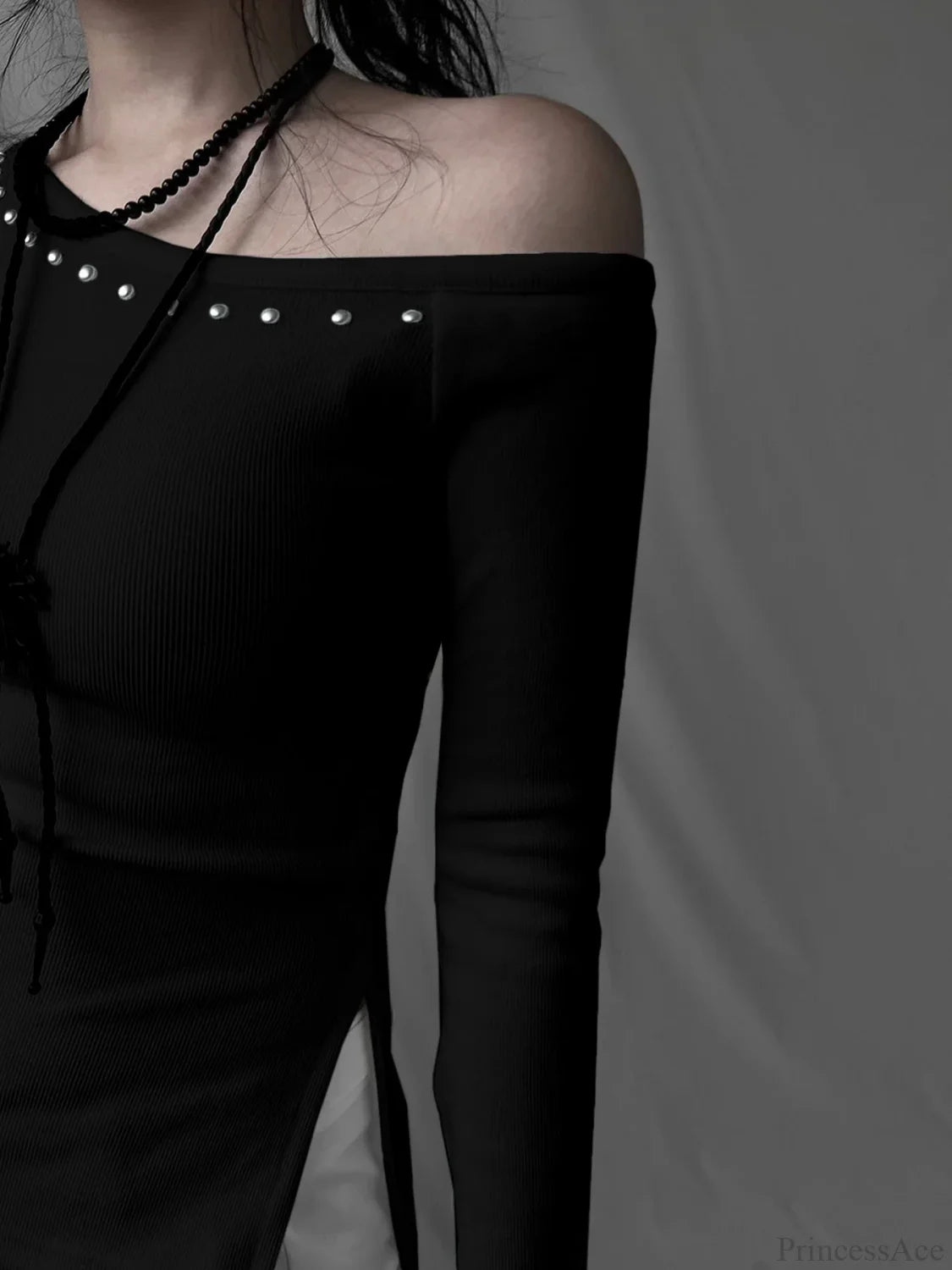 Rivet Skew Collar Knit Top