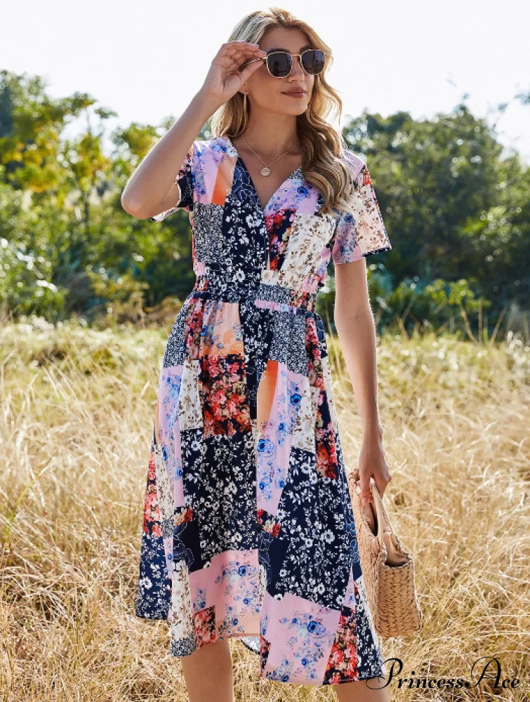 Robe V-Neck Long Coastal Short-Sleeved Casual A-Line - Retro Gown Green L / Pink Dresses