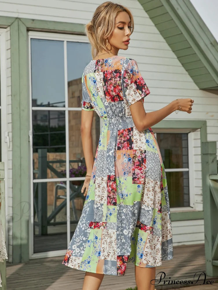 Robe V-Neck Long Coastal Short-Sleeved Casual A-Line - Retro Gown Green M / Green Dresses