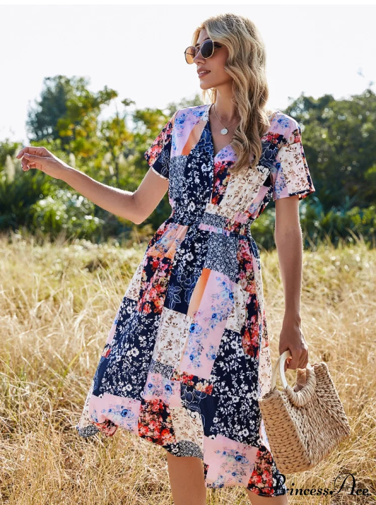 Robe V-Neck Long Coastal Short-Sleeved Casual A-Line - Retro Gown Green Xl / Green Dresses