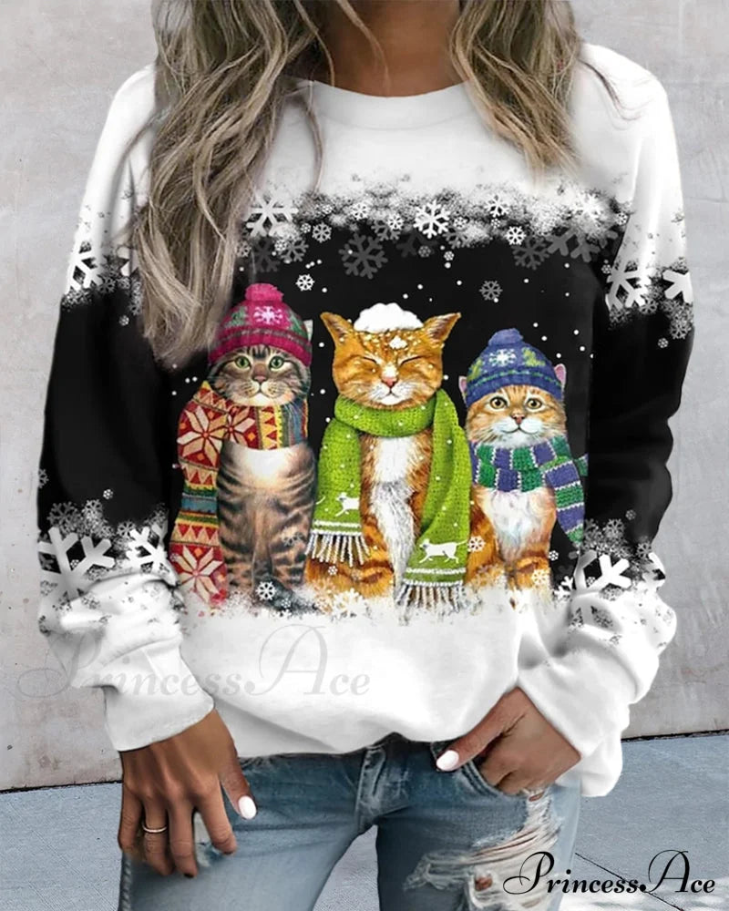 Round Neck With Cat Sweatshirt Print Sweatshirts & Hoodies-L