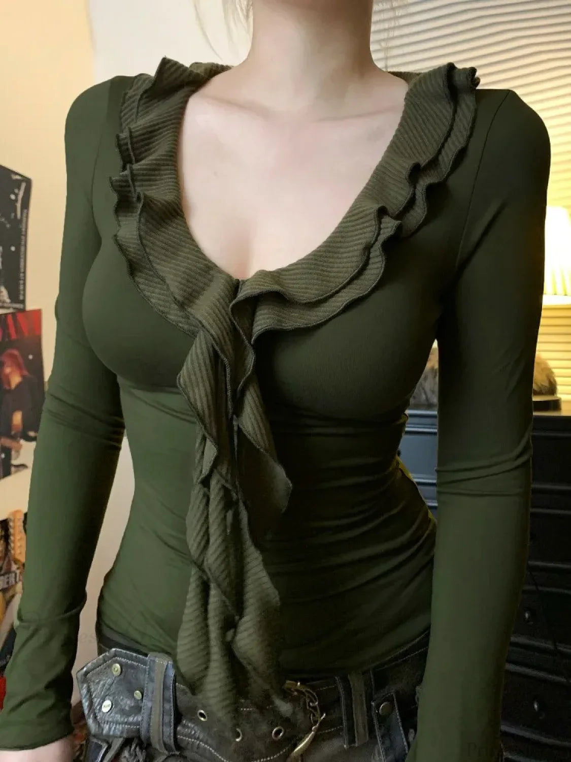 Ruffle V-neck Knit Top