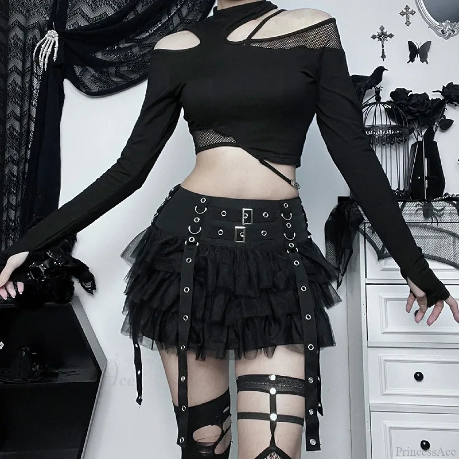 Ruffles Mesh Splice A-line Skirt