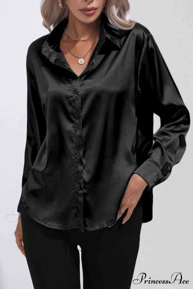 Satin Button Up Blouse With Lapel Black / L Blouses