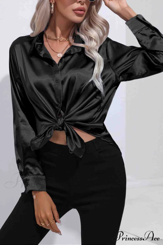 Satin Button Up Blouse With Lapel Black / S Blouses