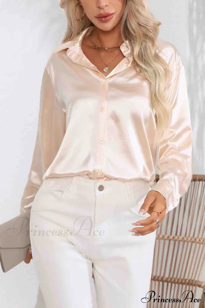 Satin Button Up Blouse With Lapel Champagne / Xl Blouses