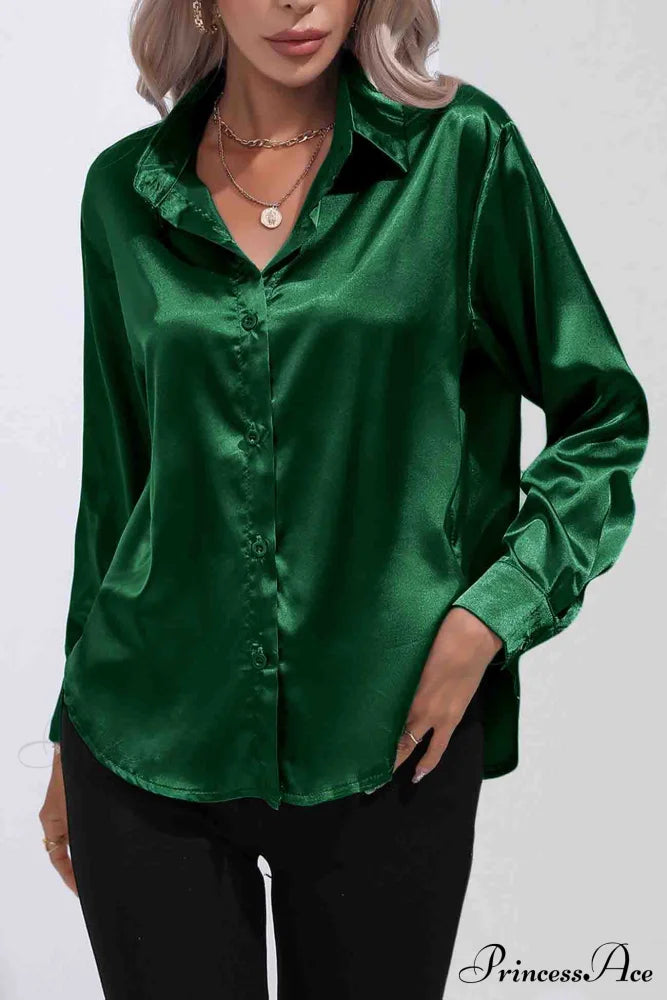 Satin Button Up Blouse With Lapel Dark Green / Xl Blouses
