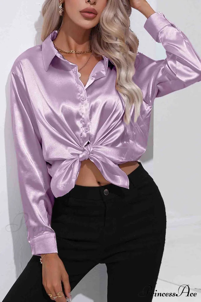Satin Button Up Blouse With Lapel Purple / L Blouses