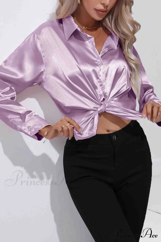 Satin Button Up Blouse With Lapel Purple / S Blouses