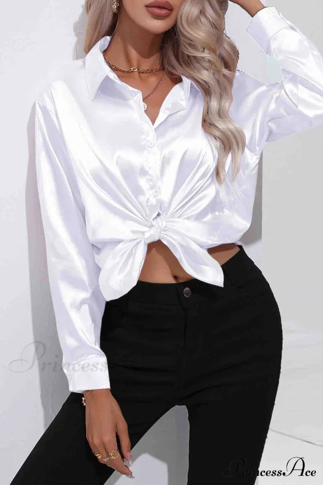 Satin Button Up Blouse With Lapel White / M Blouses