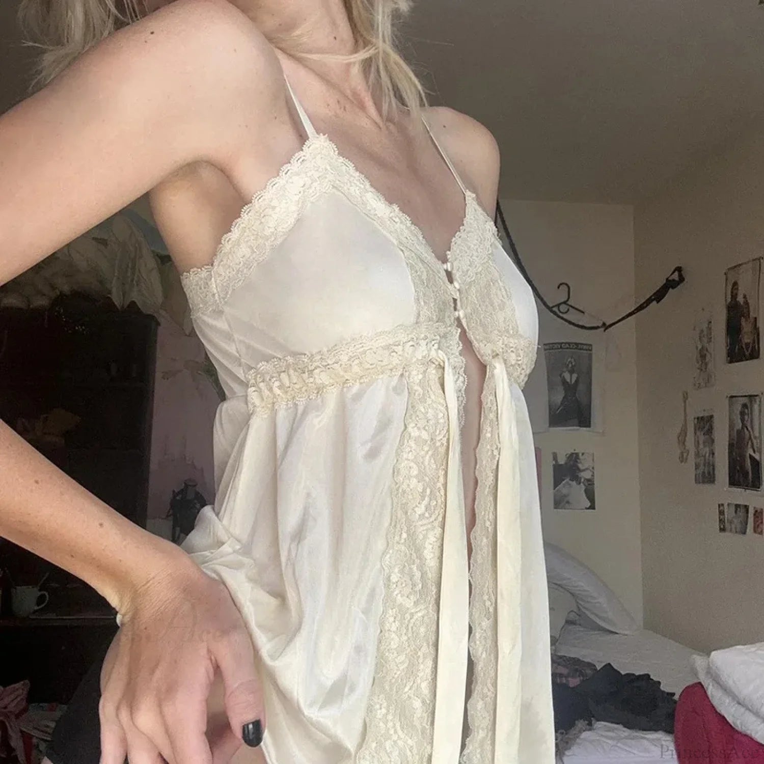 Satin Lace Patchwork Fairycore Front Tie-Up Button Coquette Sleeveless Crop Top croptop-250126